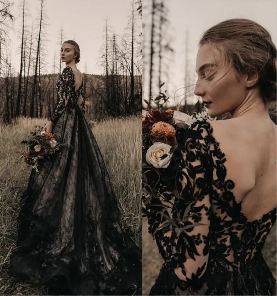 Gothic Full Black Long Wedding Dresses A Line Long Sleeves V Neck Court Train Vintage Bridal Gowns 2024 Plus Size Wedding Wear Dress
