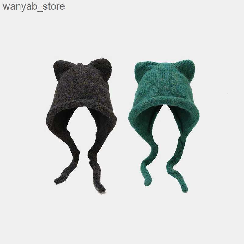 Wide Brim Hats Bucket Hats New Fashion Cute Knitting Beanie Hat 2022 Autumn Winter Knitted Wool Caps Girl Cat Ear Pointed Pullover Women Bonnet Hats L