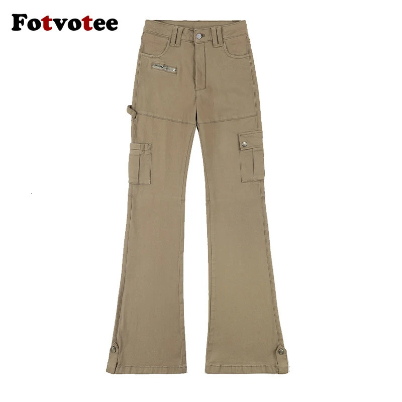 Fotvotee Cargo Pants Women Pocket Zipper Slim Flare Pants Stretch Korean Fashion Streetwear Spice Vintage Y2k Pants 241031
