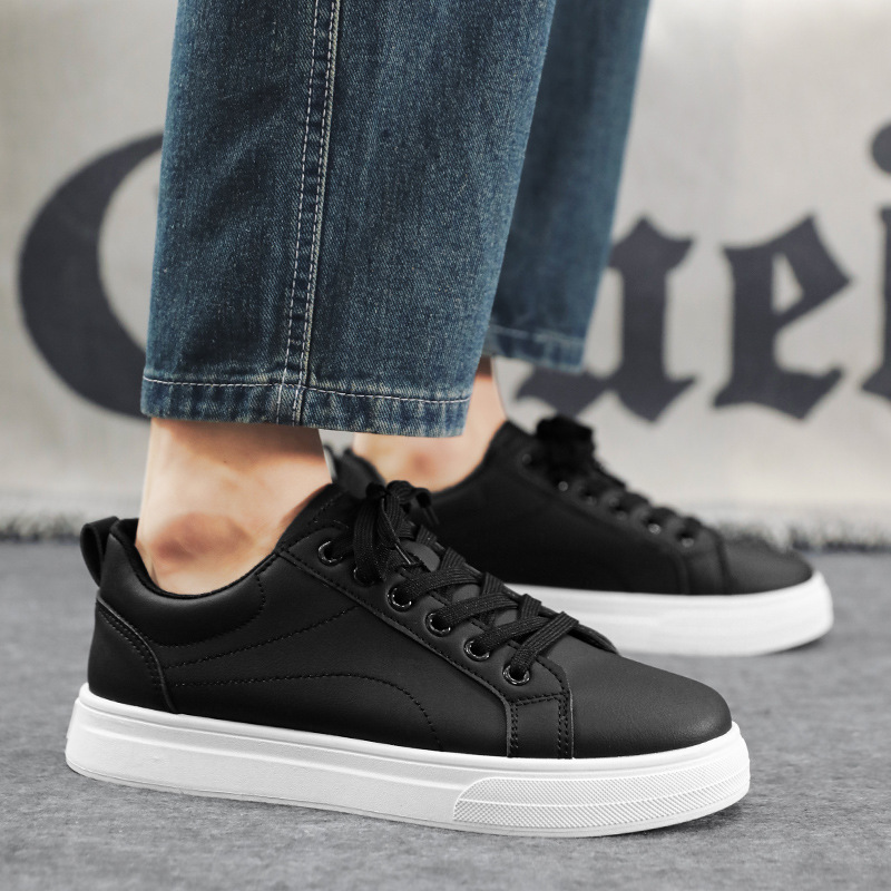 Men Casual Shoes PU Leather Black White Non-Slip Lace Up Fashionable Comfortable Sports Platform Sneaker