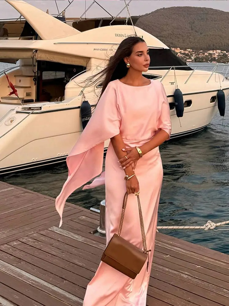 Pink Satin Cloak Long Sleeve Loose Robes For Women Elegant O Neck High Waist Slim Long Dress Ladies Club Evening Party Gowns 241031