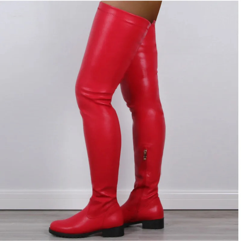 Big Size 47 Thigh High Boots Pu Leather Low Heel Over The Knee Boots Ladies Comfortable Shoes Women Boots Winter 241031