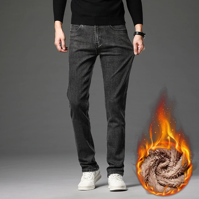 Classic Vintage Original Mens Winter Jeans Fleece Thick Warm Cotton Stretch Quality Clothing Fit Straight Nostalgic Denim Pants 241031
