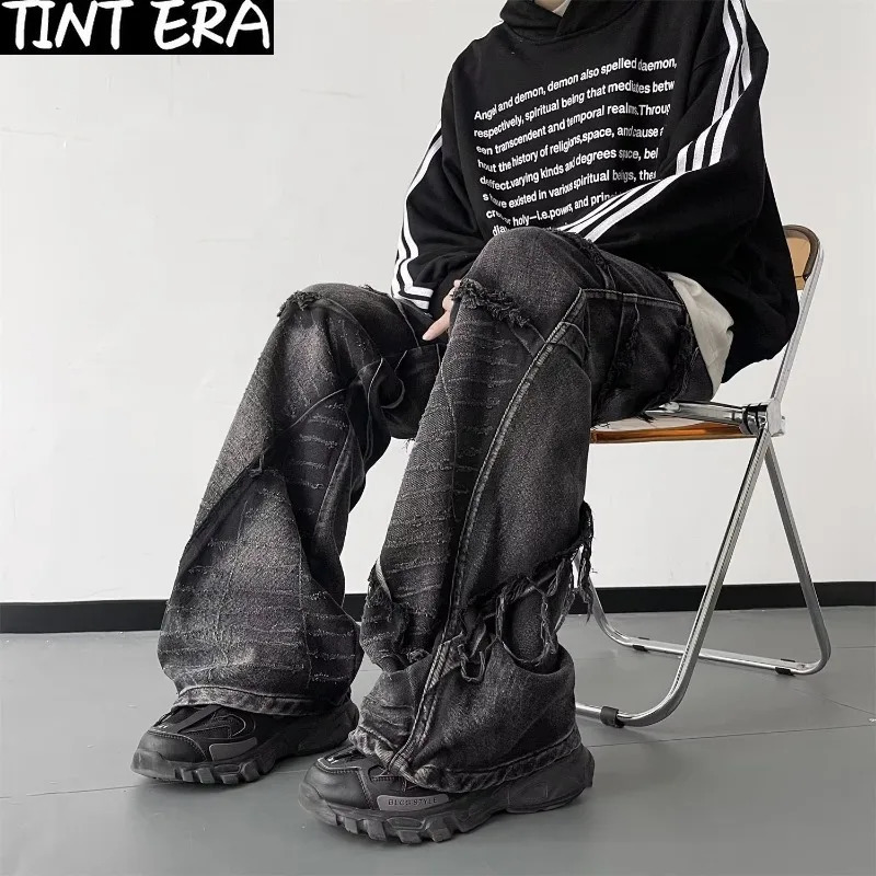 Y2K Punk Black American Street Rock Retro High Waist Oversized Jeans Men Raw Edge Washed Darkwear Wide Leg Trousers Men 240319