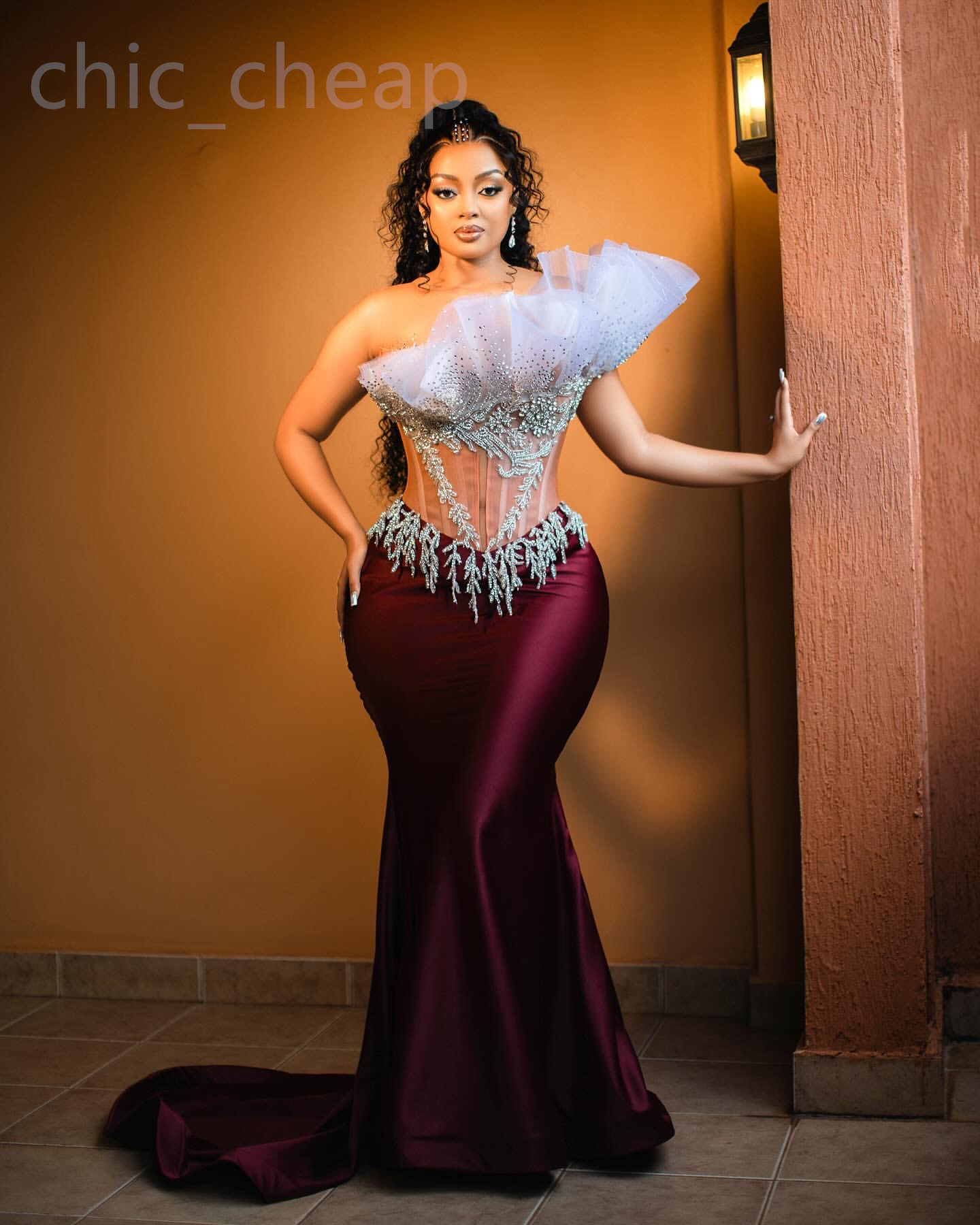 Aso Ebi 2024 Bury Mermaid Prom Dress Beaded Crystals Lace Evening Formal Party Second Reception 50th Birthday Engagement Gowns Dresses Robe De Soiree 