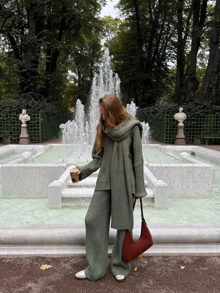 Casual solid knitted woolen suit with scarf womens lazy V-neck long sleeves wide legs pulled together Trouser autumn womens suit 241031