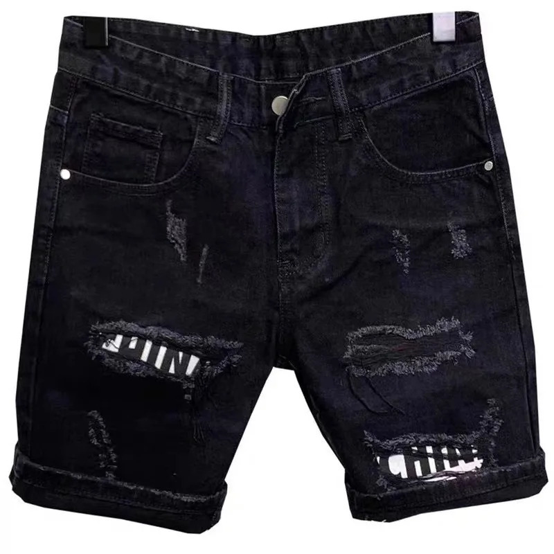 2025 Designer Ripped Patched Shorts Korean Style Men's Slim Fit Black Jeans Design Sense Loose Teenage Five Quarter Pants Summer Fashion Casual P