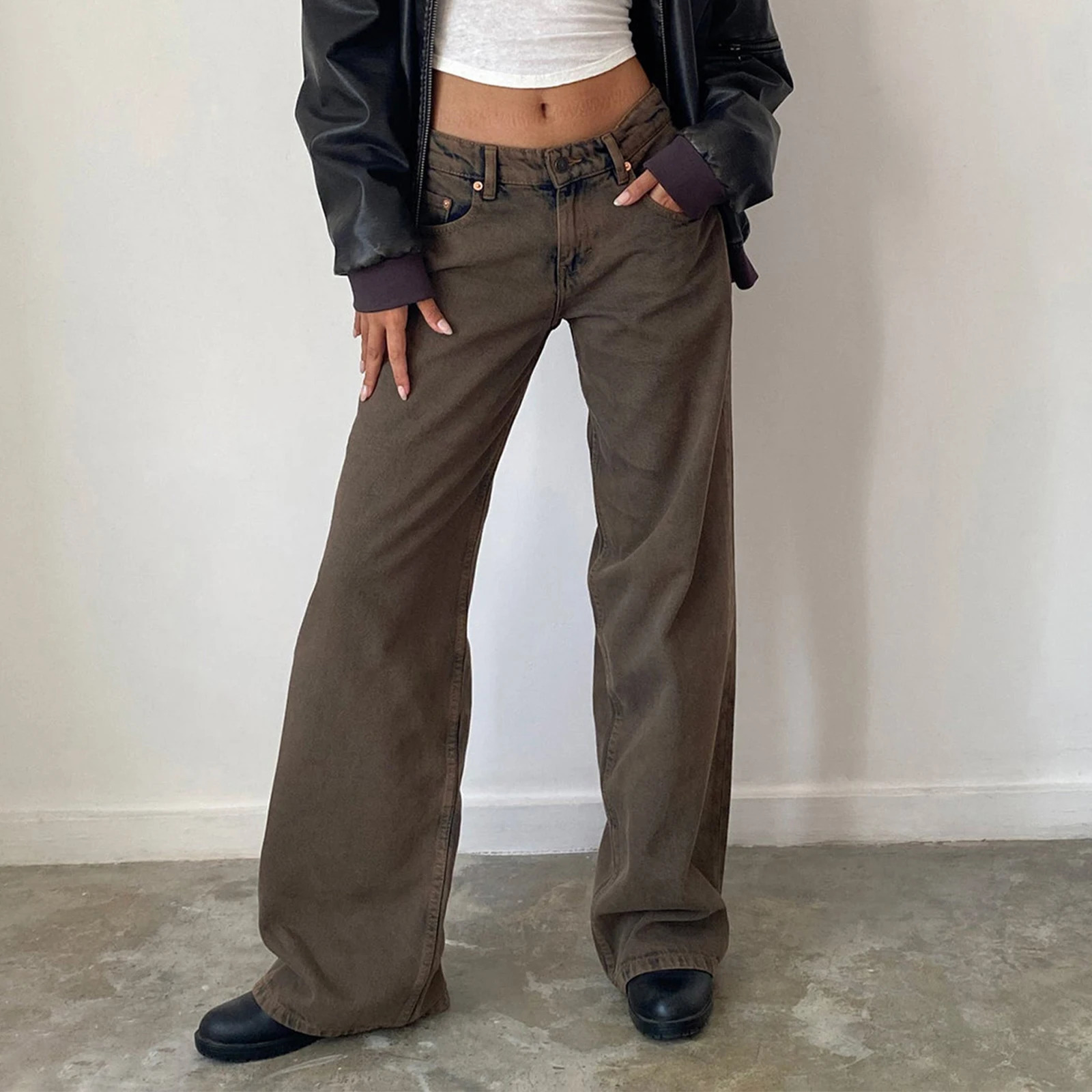 Womens versatile jeans aesthetic solid color low rise zipper button trousers with pockets for everyday street wear 241031