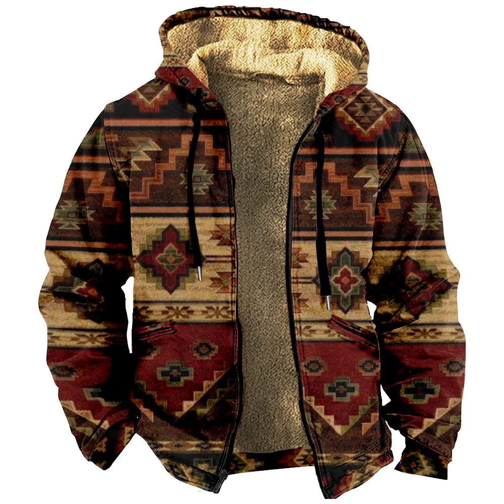 Mens zipper long sleeved hooded jacket tribal Aztec retro casual winter mens/womens sweater jacket 241031