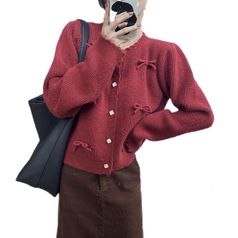 Autumn And Winter New Korean Girls Bow Sweet Cardigan Fashionable Age Reducing Gentle Wind Round Neck Knitted Top For Women F1101#43