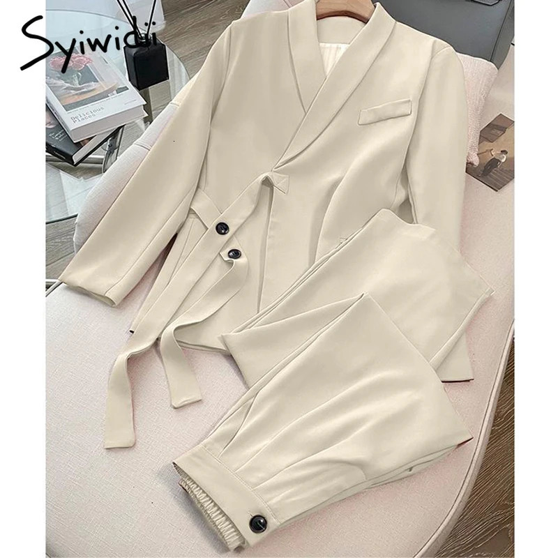 Syiwidii Elegant Suit Set Women Chic Asymmetrical Lace Up Blazer Straight Pants Temperament Commuting 2 Piece Woman Clothes 241031