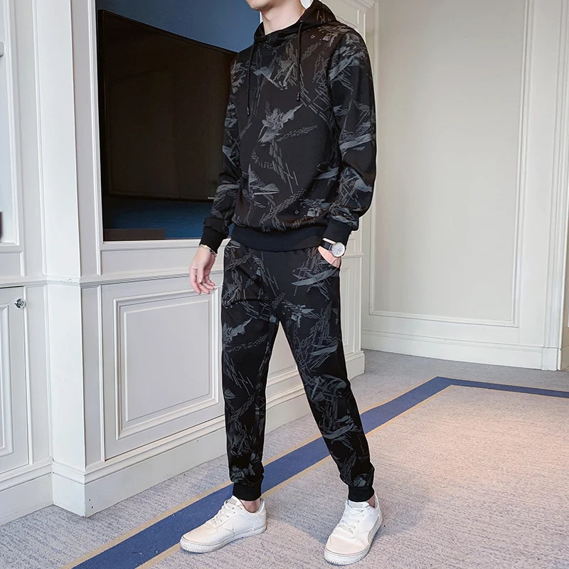 Men Tracksuit 2 Pieces Sets Hooded Sweatshirt Drawstring Pants Male Hoodies Running Sportswear Fitness Autumn Sportwear 241031
