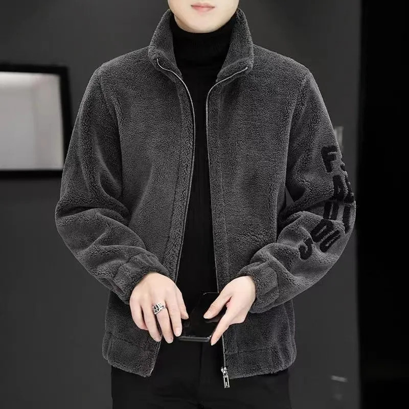 Autumn and Winter Mens Fleece Standing Neck Jacket Embroidered Sweater Leather Wool Lamb Coat Clothes Top 241031