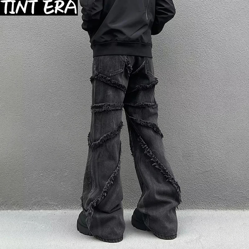 Y2K Punk Black American Street Rock Retro High Waist Oversized Jeans Men Raw Edge Washed Darkwear Wide Leg Trousers Men 240319