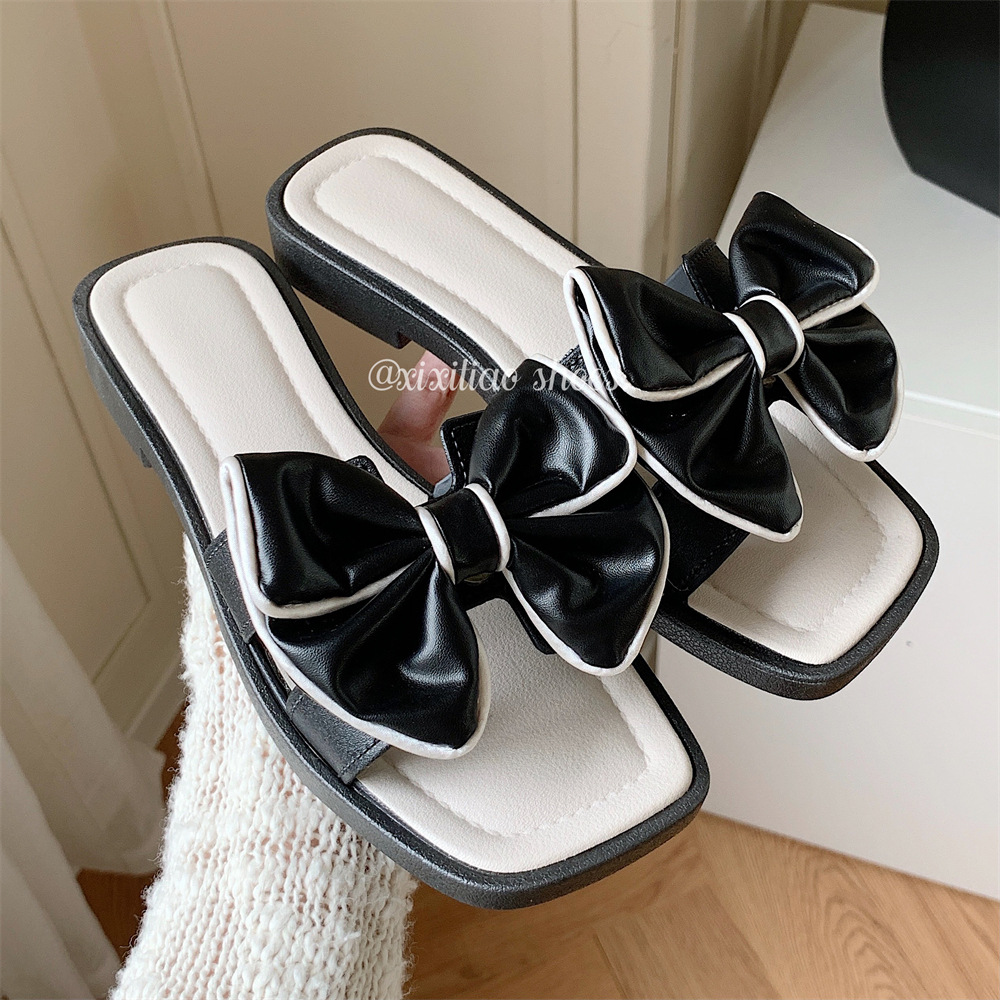Cute card Girl Sweet Bow flat sandals for women summer wear 2024 new non-slip soft soled sandals