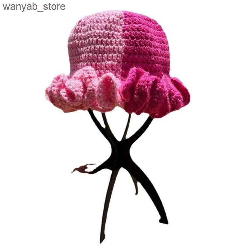 Wide Brim Hats Bucket Hats Crochet Frill Bamboo Hat Adult Lace Woolen Cap Fashion All-Match Ruffled Pullover Hat L240910
