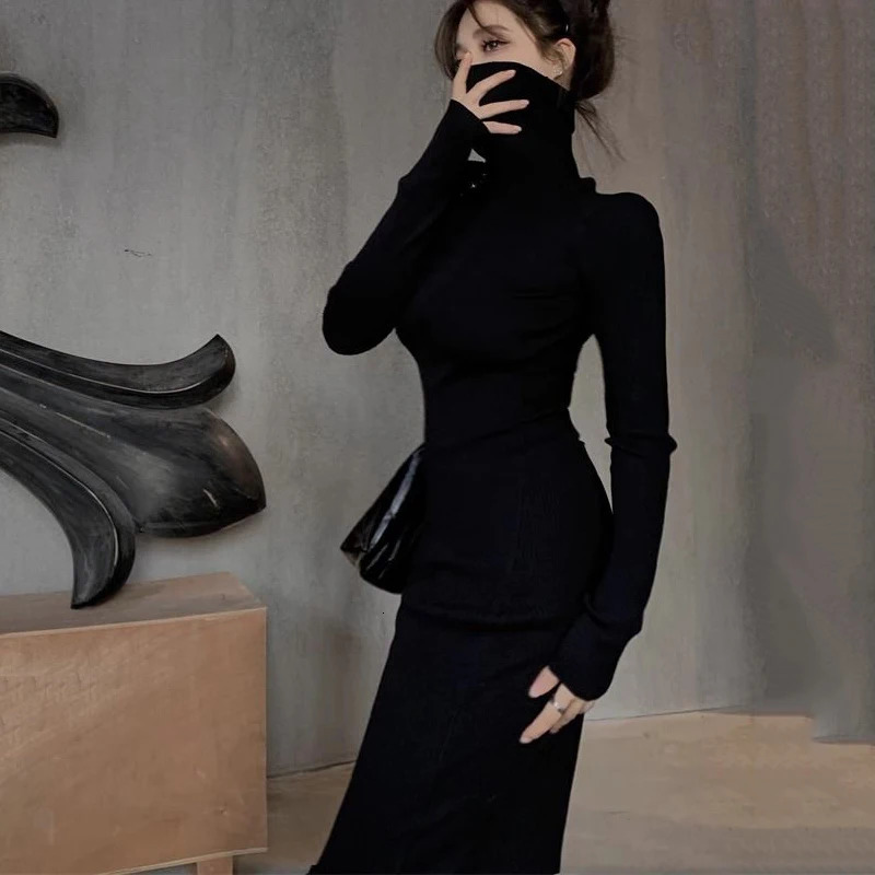 Sexy Black Turtleneck Knitted Bodycon Dres Autumn Winter Long Sleeve Sweater Dress Woman Korean Bottoming Dresses 241031