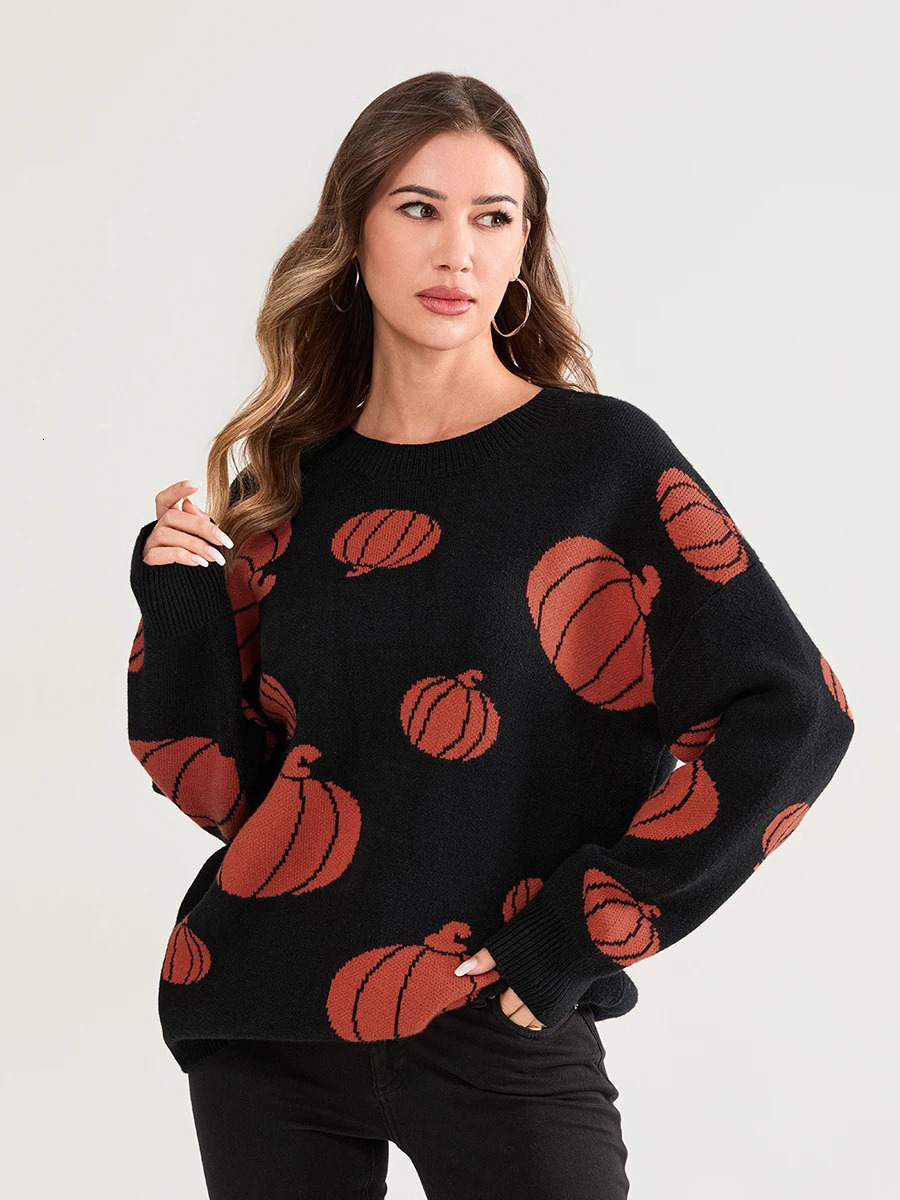 Women Halloween Knit Sweater Ghost Pattern Long Sleeve Round Neck Pullovers Fall Winter Casual Jumpers Tops with Spooky Vibes 241029