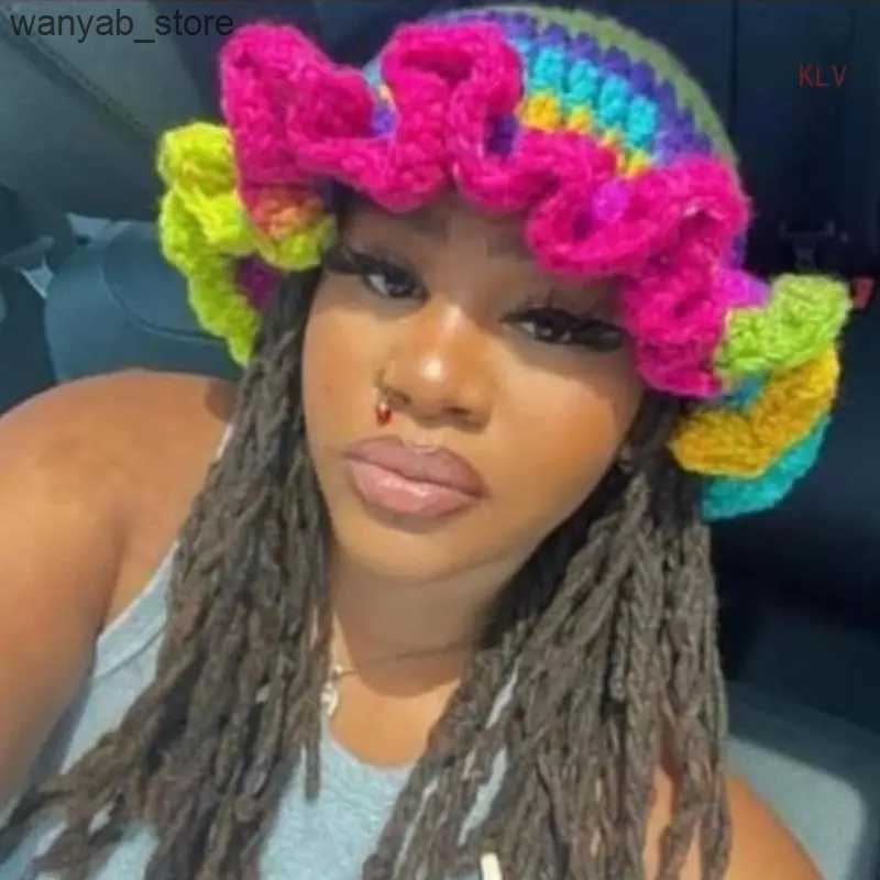 Wide Brim Hats Bucket Hats Sweet Girls Crochet Ruffled Brim Bucket Hat Ladies Fisherman Hat Exaggerated Teens Winter Windproof Hat L240910