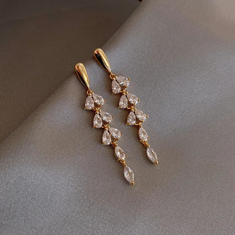 Shiny Zircon Tassel Leaf Shape Gold Color Earrings For Womans Fashion Jewelry Wedding Party Unusual Girls 241031