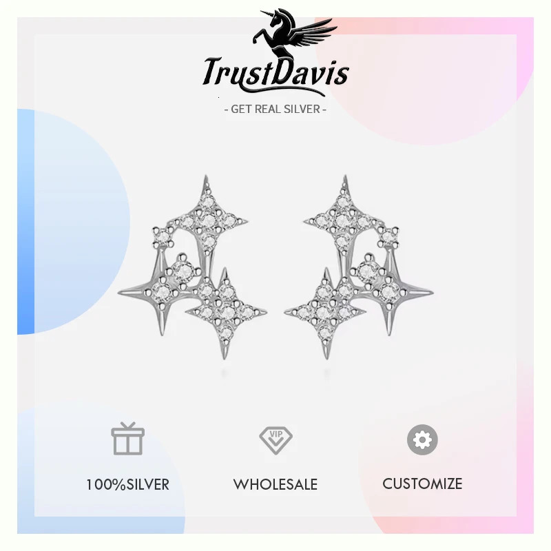 TrustDavis Real 925 Sterling Silver Fashion Sweet Star CZ Stone Charm Stud Earrings For Women Christmas Present Jewelry DA2487 241031