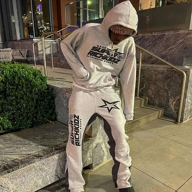 Trendy Men's Sportswear Star Letter Print High Street Hip Hop Men's Sports Casual Hoodie Flared Sweatpants Two Piece Set Streewear