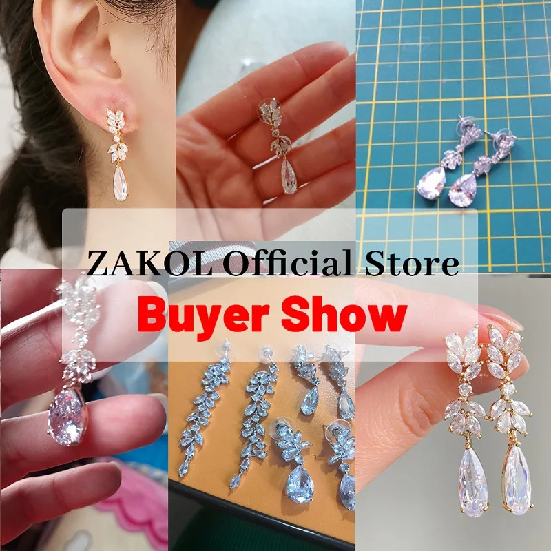 ZAKOL White Zircon Leaf Dangle Earrings for Women Shinny Water Drop Crystal Flower Pendant Earring Bridal Wedding Jewelry 241031