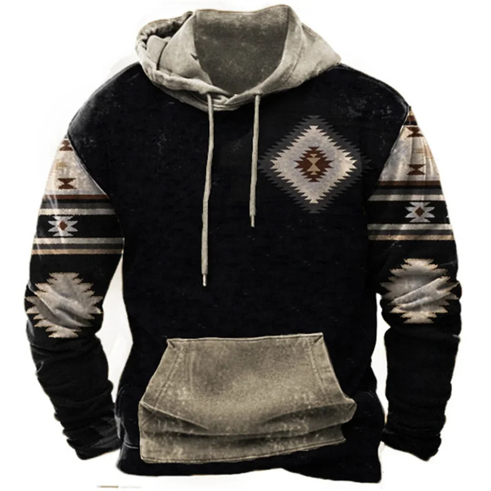 Retro tribal style mens hoodie fashion sportswear Spring and Autumn loose floral casual jacket street clothing oversized top 241031