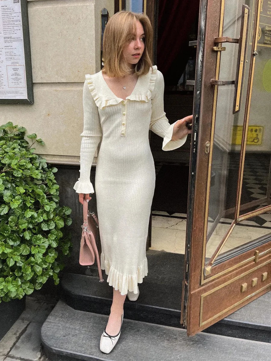 Womens long skirt V-neck summer casual Korean fashion women full match clothing millennial vintage dress 241031