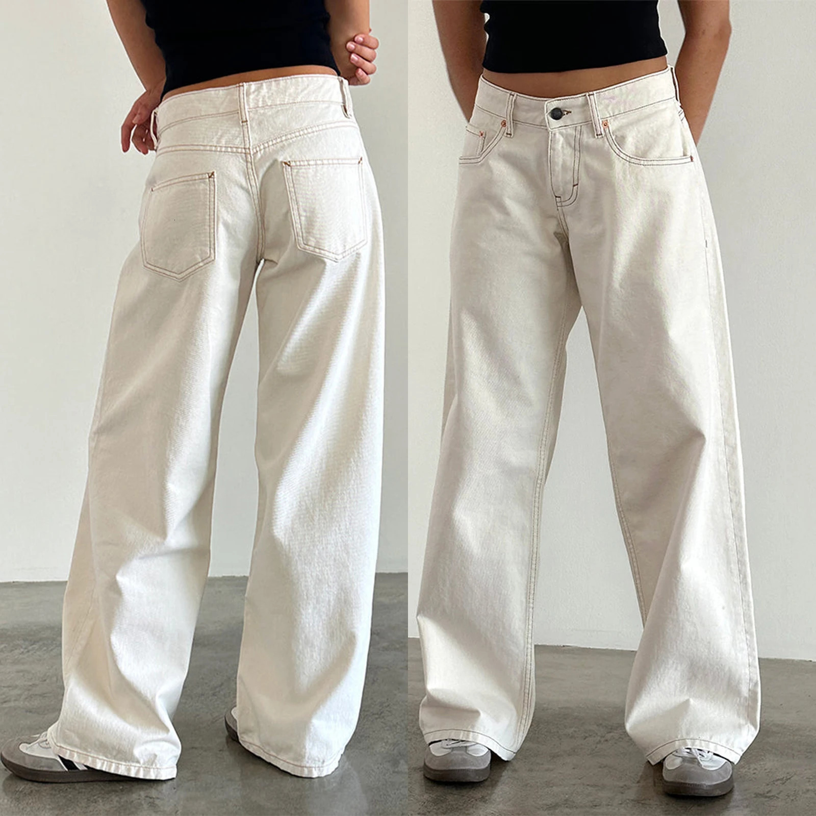 Womens versatile jeans aesthetic solid color low rise zipper button trousers with pockets for everyday street wear 241031