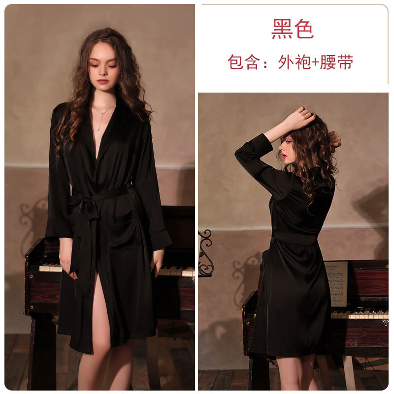 New designer brand spring and summer home frenzy sexy deep V imitation silk private room long pajamas bathrobe set
