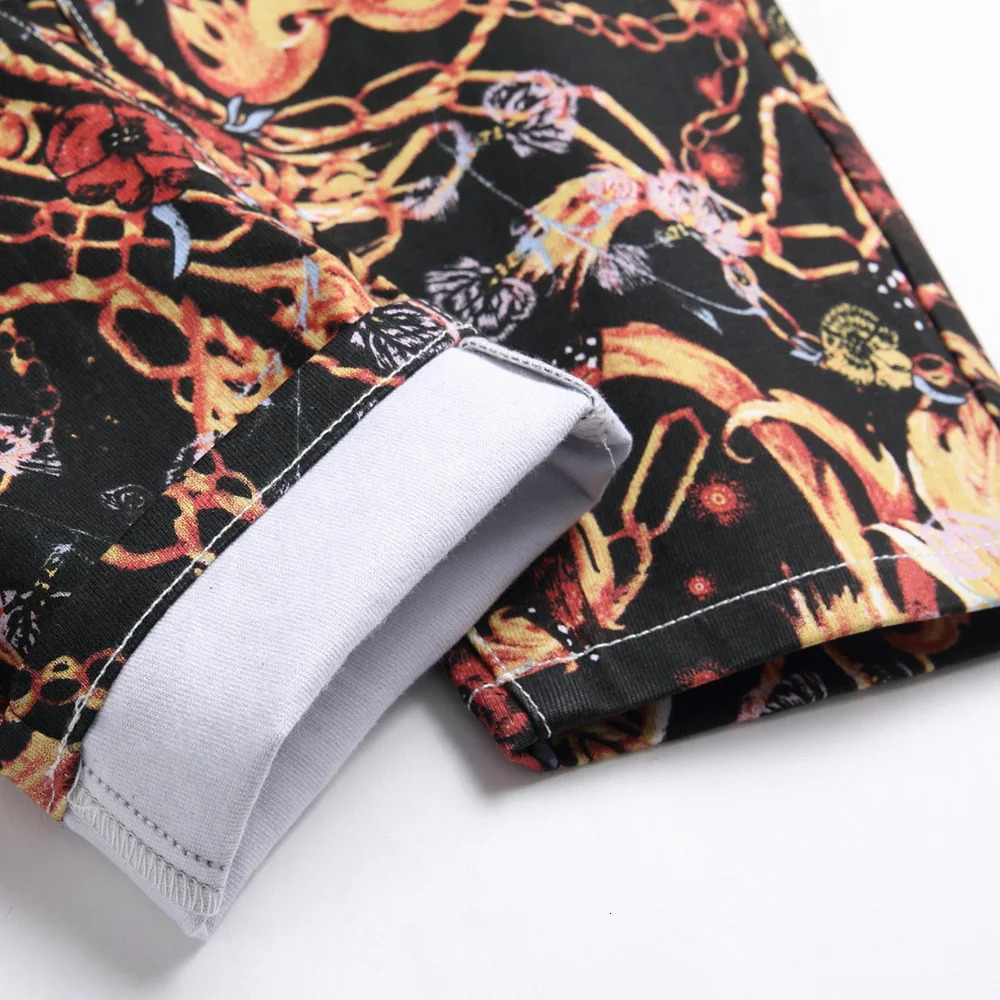 Men Flower Chain Digital Print Pants Fashion Slim Tapered Stretch Denim Jeans Streetwear Black Trousers 241024