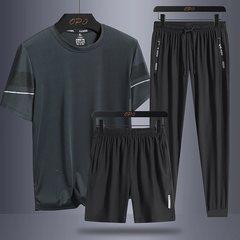 Mens and womens summer striped sports set outdoor ice silk running thin pullover Tshirt three piece basketball suit 241024