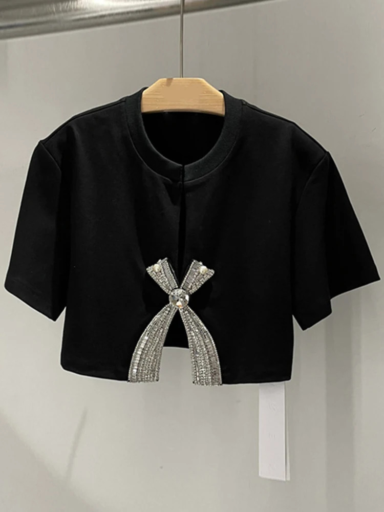 VGH Solid Patch Work Diamond Split Womens Round Neck Short Sleeve Weight Loss T-shirt Womens Fashion Style 241031
