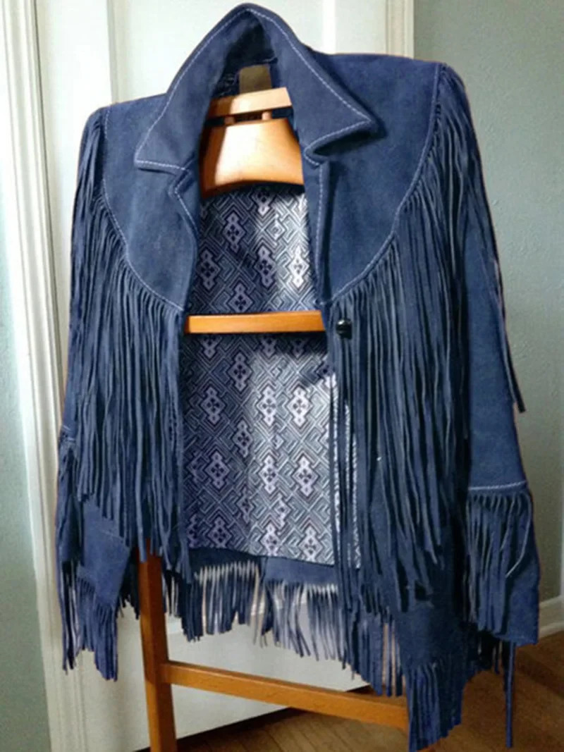 Casual brown collar pocket suede jacket fashionable womens single button long sleeved tassel coat womens autumn street jacket 241031