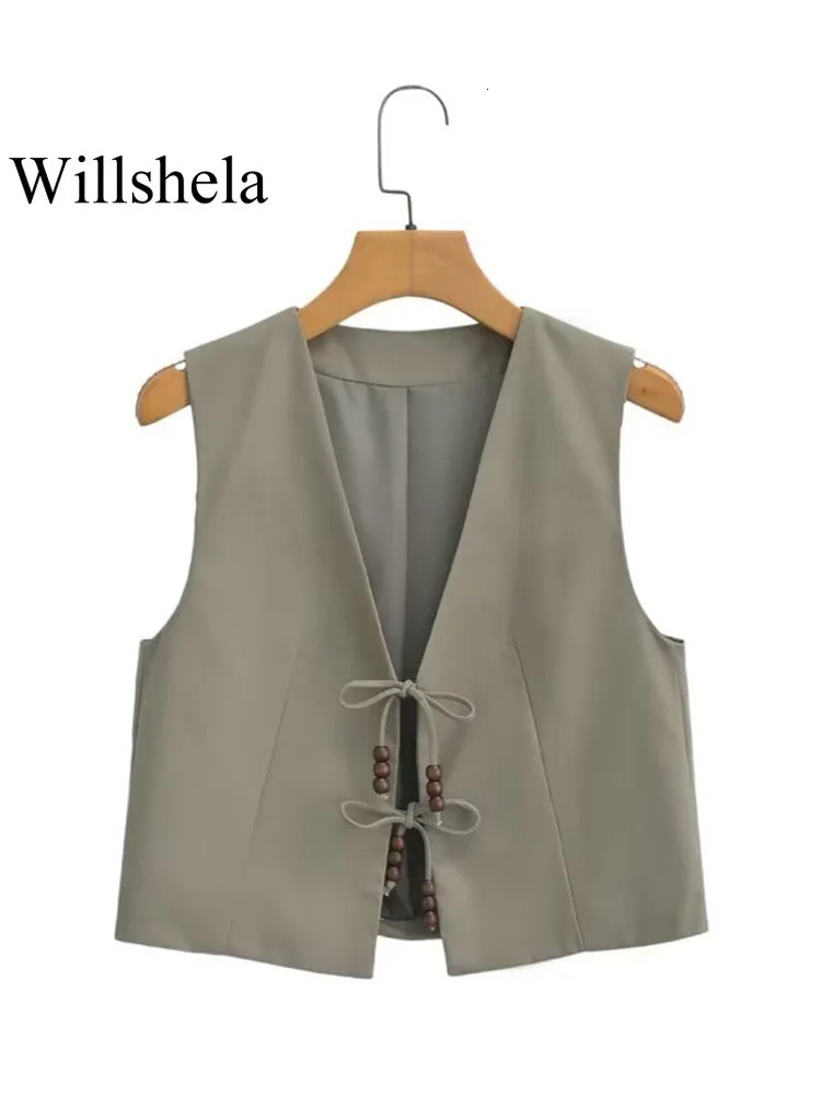 Willshela Women Fashion With Beading Army Green Lace Up Vest Sleeveless Jackets Vintage VNeck Waistcoat Female Chic Tank Tops 241024