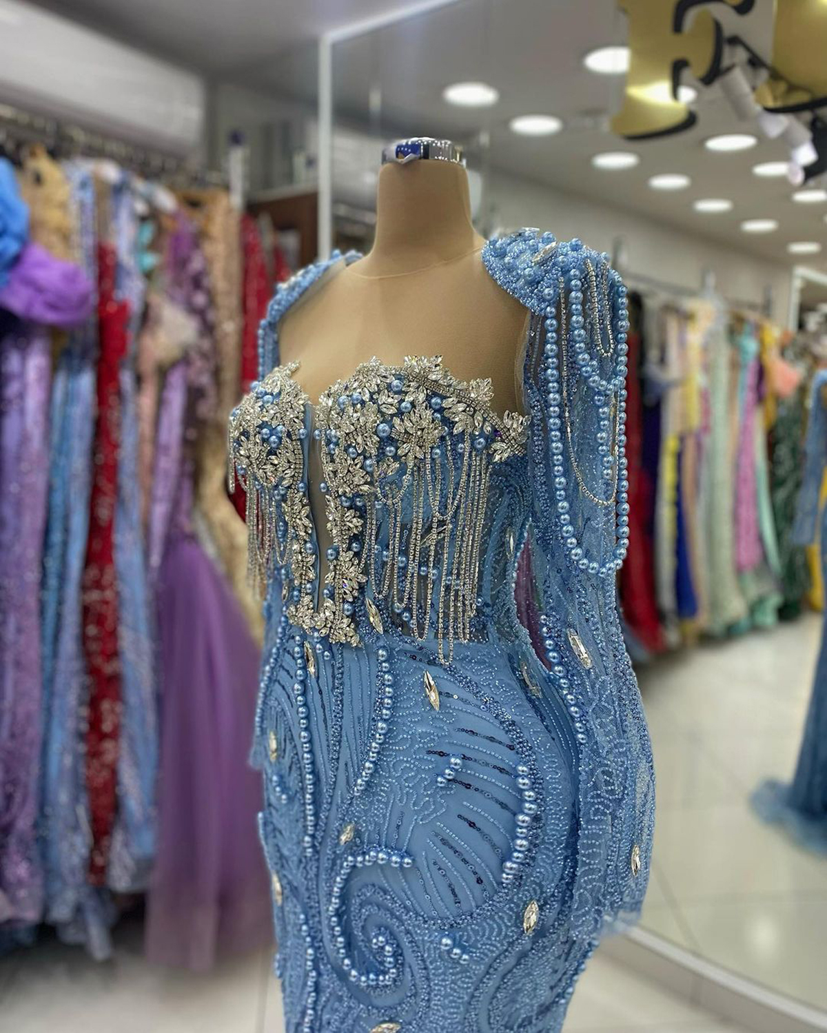 Exquisite Mermaid Prom Dresses Shoulder Pad Pearls Chains Beads Lace Sleeves Sweep Train Custom Made Plus Size Party Evening Dress Vestido De Noite 66