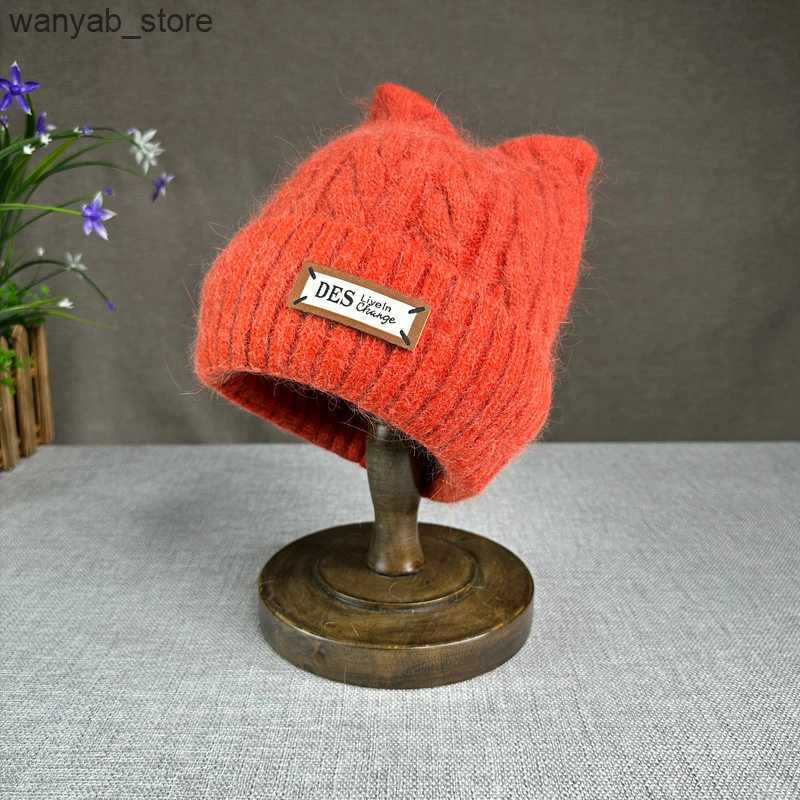 Wide Brim Hats Bucket Hats 24 New Cute Cats ears Wool Hat Women Rabbit Hair Knitted Hat Winter Thickened Warm Cap L240910