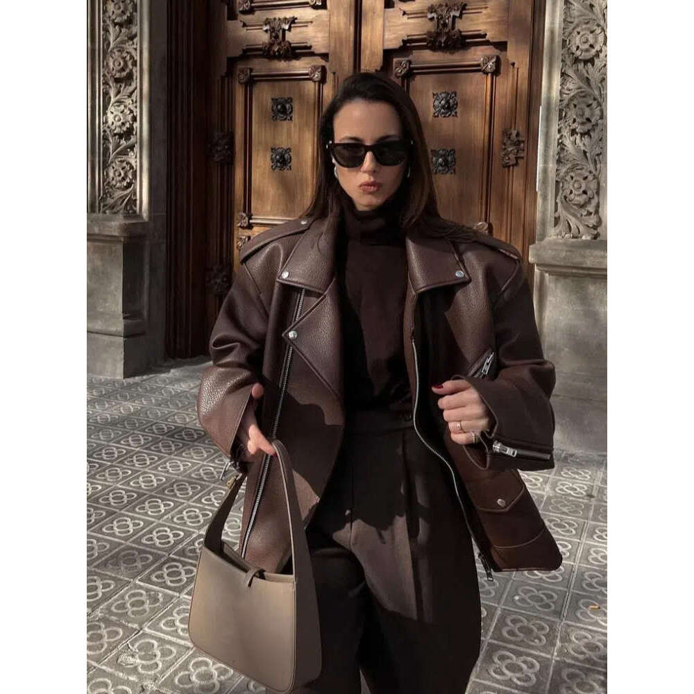 Designer Street PU Leather With Collar Long Sleeve Zipper Fashion Jacket, New Motorcycle Casual Loose Women's S M L XL 2Xl Jacket