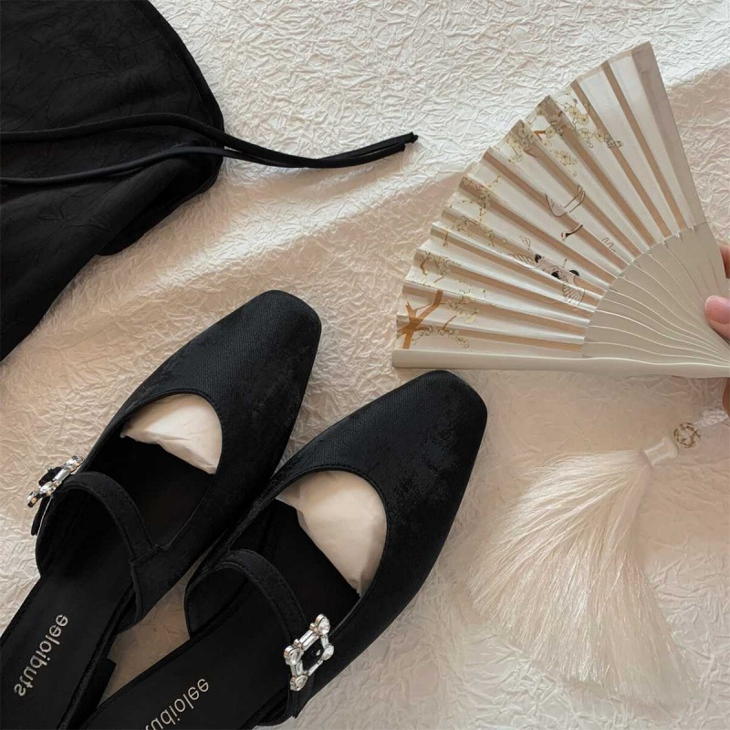 Women's Fashion Slipperes:Pointed Toe Low Heel France Gentle Style Diamond Triple Black/Apricot,Free shipping