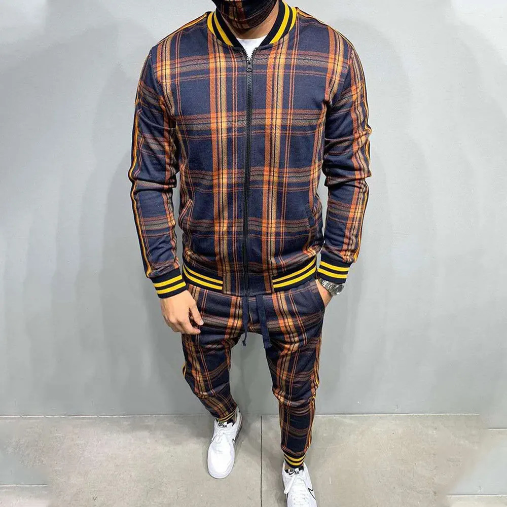 Plaid Tracksuit Mens Sets Gentleman Jacket Sportswear Male 3D Print 2 Piece Set Sport Suit Sweatpants Chandals Man Clothes 241031