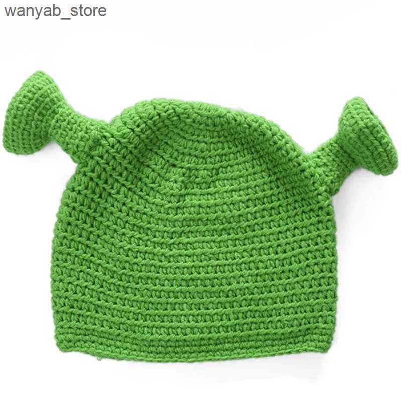Wide Brim Hats Bucket Hats 2024 New Monster Shrek Hat Wool Winter Knitted Hats Green Party Funny Beanie Skullies Cap for Women Men Pure Handmade L2409