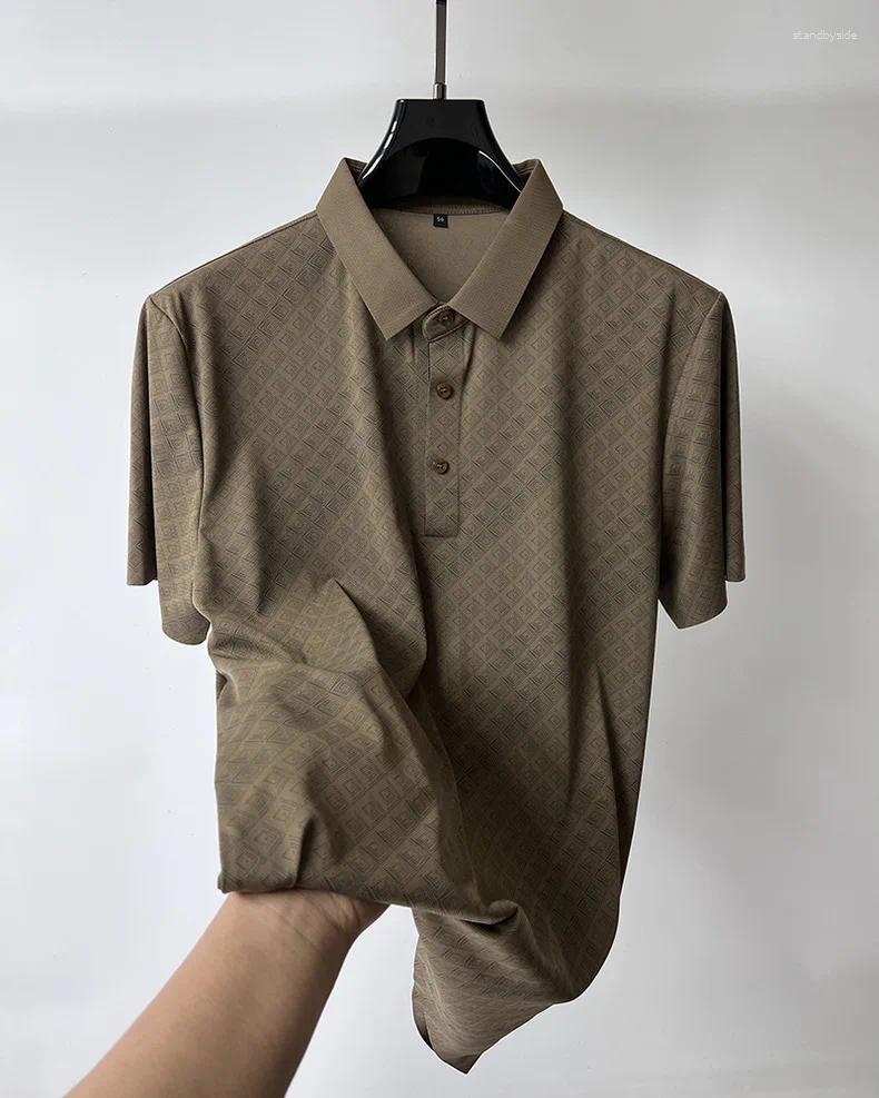 Men's Polos 2024 Summer High End Fashion Checker Printed Ice Silk Short Sleeved POLO Shirt Trendy Lapel Casual T-shirt Breathable Top