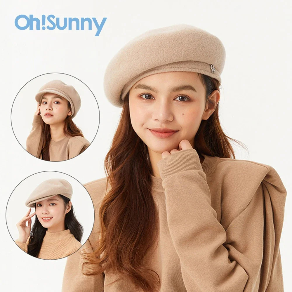 OhSunny Beret 100 Wool Female Winter Hat Retro Tour Caps Warm Solid Color for Elegant Lady Fashion Gifts 241031