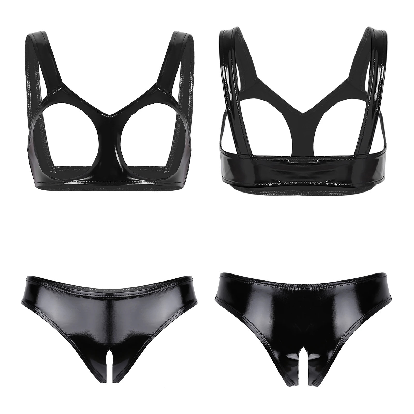 Womens Sexy Bare Chested Lingerie Set Patent Leather Underwear Suit Open Cups Bra Tops with Crotchless Briefs Nightwear Clubwear 241031