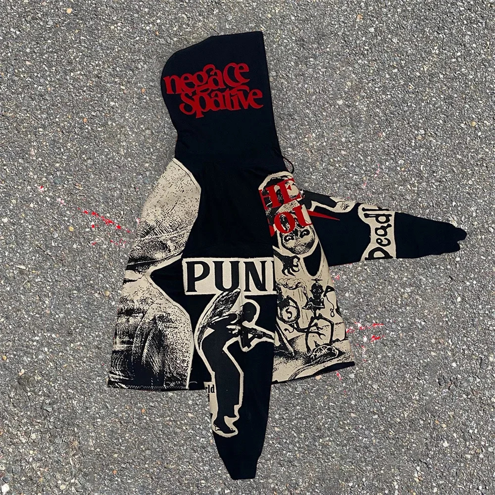 Outerwear Harajuku Casual Gothic Hooded Skull Print Hoodie Mens Retro Elastic Long Sleeve Loose Jacket Sweatshirt Y2K Streetwea 241031