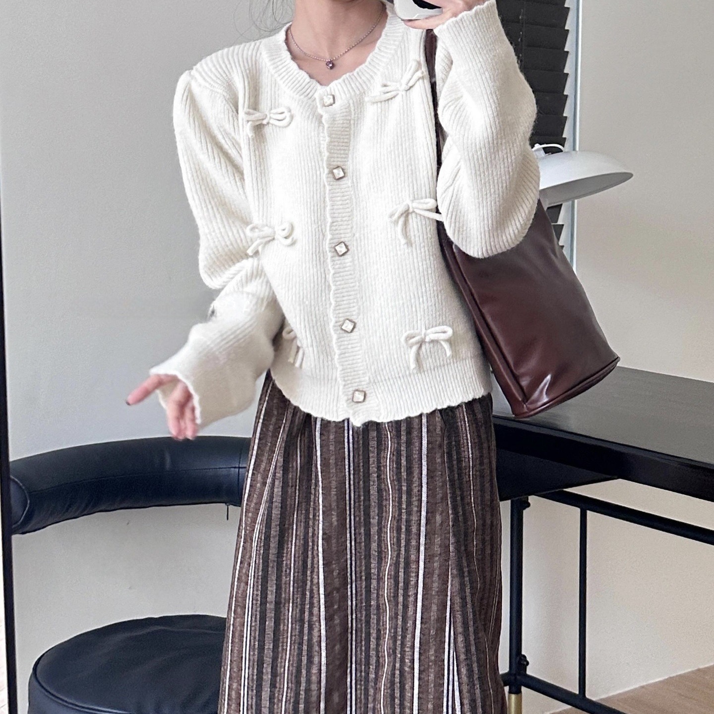 Autumn And Winter New Korean Girls Bow Sweet Cardigan Fashionable Age Reducing Gentle Wind Round Neck Knitted Top For Women F1101#43