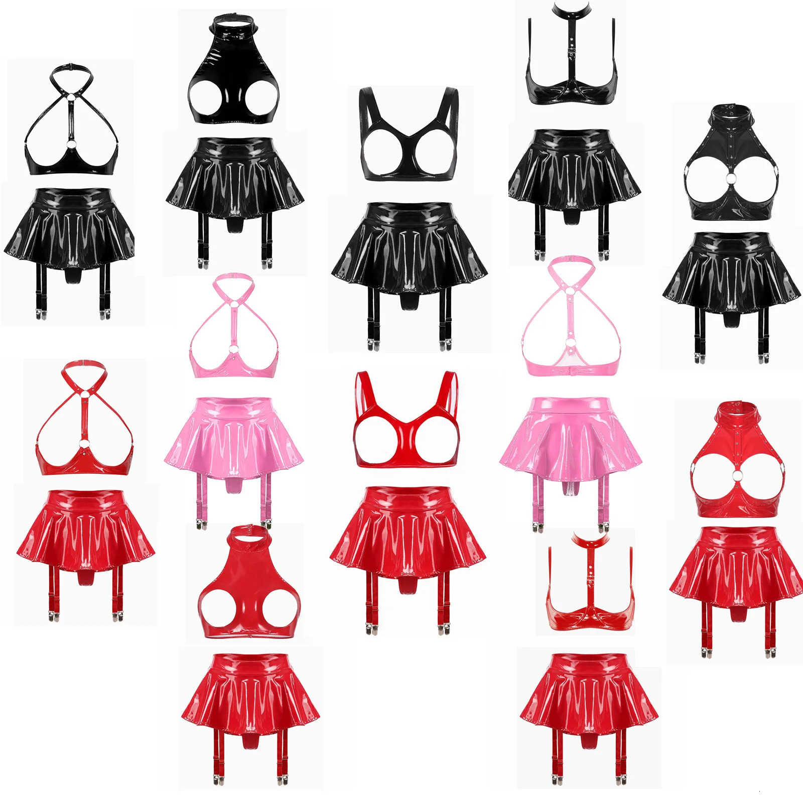 Porn Lingerie Set Woman Garter Patent Leather Wire-free Open Cup Sexy Bra Top with Ruffle Built-in Thongs Garter Belt Mini Skirt 241031