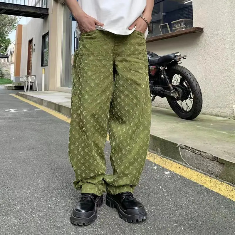 Vintage Jacquard Jeans Mens Street American Straight Wide-leg Jeans Y2K Fashion Black Pantalones Hombre Streetwear Loose Pants 241031