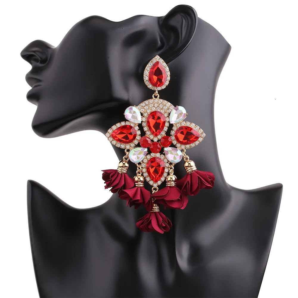 Indian Womens Floral fringe Bohemian Earrings Large Rhinestone Pendant Crystal Declaration Earrings Fashion Jewelry Gifts 241031